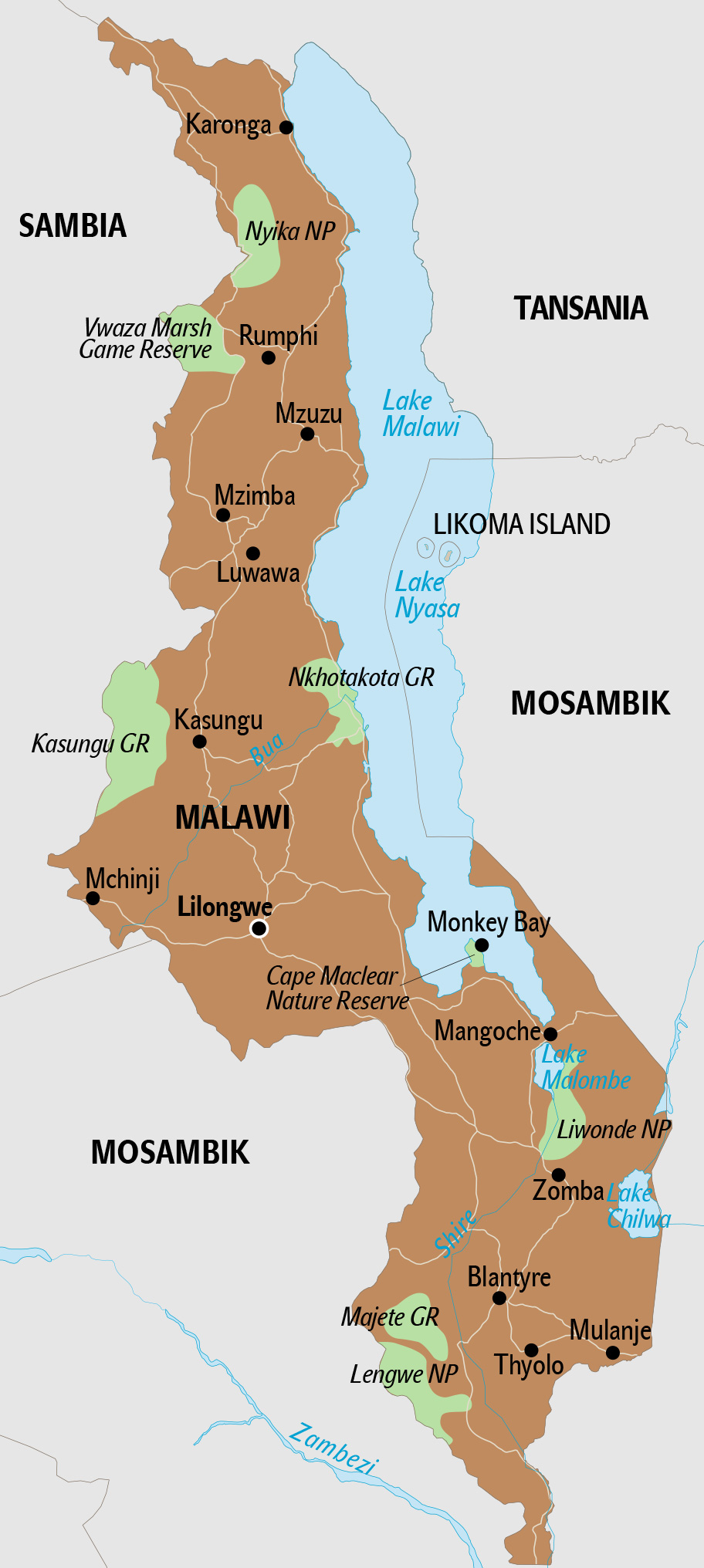 Malawi Landkarte touristisch Malawi Karte