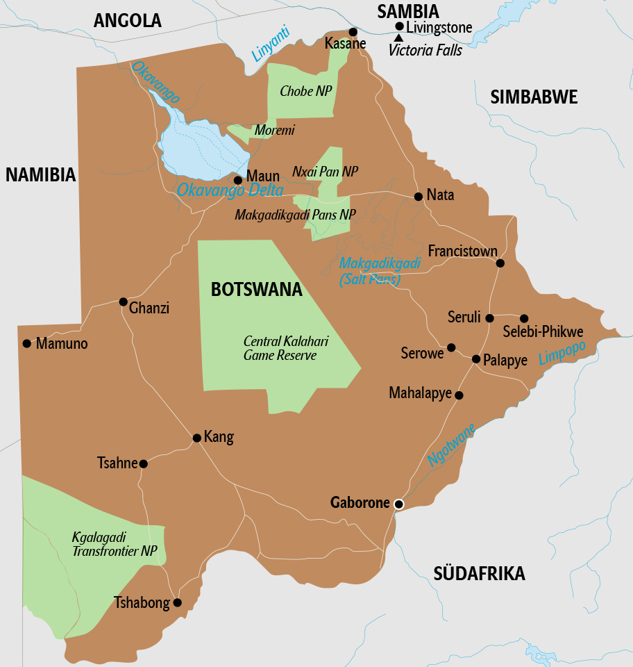 Botswana Landkarte touristisch Botswana Karte mit umliegenden Ländern